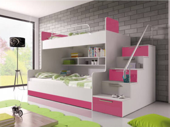 Łóżka piętrowe z biurkiem, szafą i schodami do pokoju dziecka 8